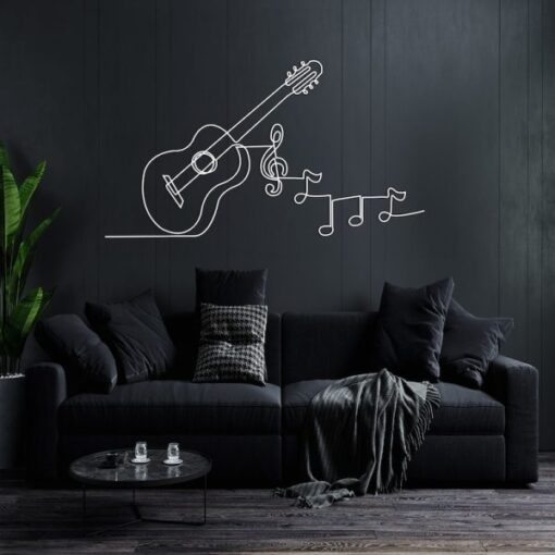 Music Notes and Guitar Line Art Minimalism Music Room Recording Studio Business Custom Metal Signs