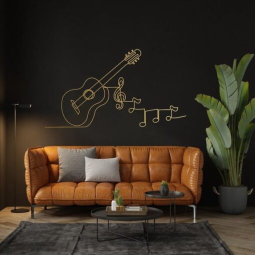 Music Notes and Guitar Line Art Minimalism Music Room Recording Studio Business Custom Metal Signs
