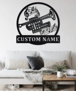 Piccolo Trumpet Musical Instrument Metal Art Personalized Metal Name Sign Music Room Decor