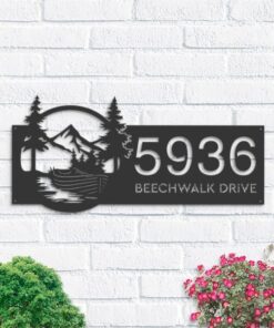 Personalized Boat on River Mountain Forest Wild Scene Lake House Address Sign House Number Plaque Custom Metal Sign