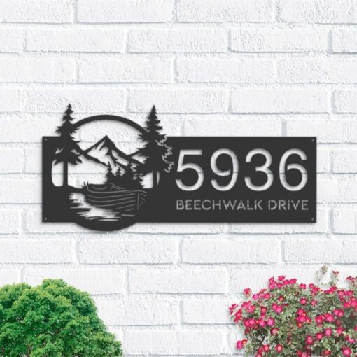 Personalized Boat on River Mountain Forest Wild Scene Lake House Address Sign House Number Plaque Custom Metal Sign