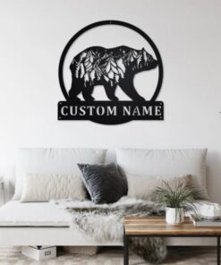 Bear And Forest Metal Art Personalized Metal Name Sign Decoration for Room Gift for Hunter Dad