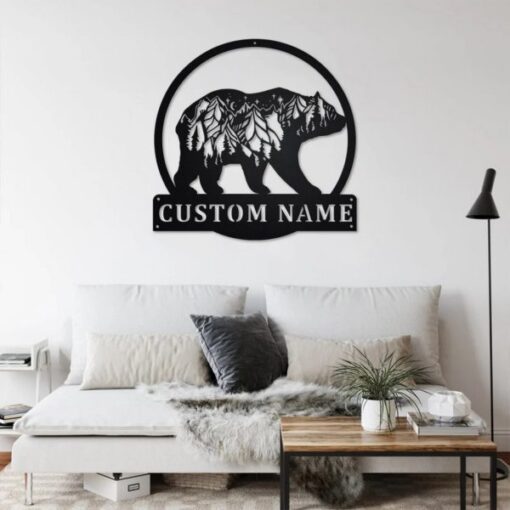 Bear And Forest Metal Art Personalized Metal Name Sign Decoration for Room Gift for Hunter Dad