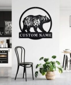 Bear And Forest Metal Art Personalized Metal Name Sign Decoration for Room Gift for Hunter Dad