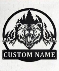 Bear Claws Scratch Metal Art Personalized Metal Name Sign Decoration for Room Gift for Hunter Dad