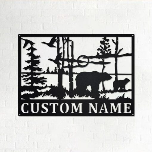 Bear Wildlife Metal Art Personalized Metal Name Sign Decoration for Room Gift for Hunter Dad