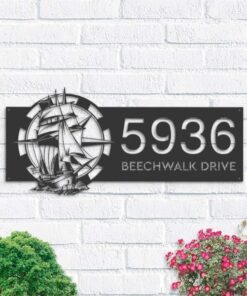 Personalized Ship with Compass Sailing Pirate Address Sign House Number Plaque Custom Metal Sign