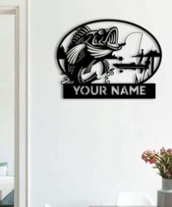 Bass Fishing Hook Man Fishing Lover Wall Art Outdoor Personalized Metal Sign