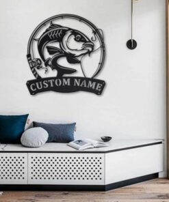 Carp Fishing Fish Pole Metal Art Personalized Metal Name Sign Decor Home Gift for Fishing Lover
