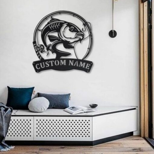 Carp Fishing Fish Pole Metal Art Personalized Metal Name Sign Decor Home Gift for Fishing Lover