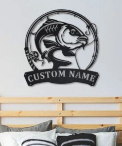 Carp Fishing Fish Pole Metal Art Personalized Metal Name Sign Decor Home Gift for Fishing Lover