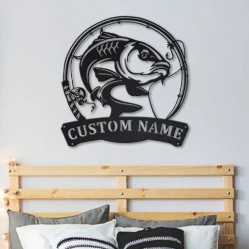 Carp Fishing Fish Pole Metal Art Personalized Metal Name Sign Decor Home Gift for Fishing Lover