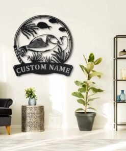 Parrotfish Fishing Pole Metal Art Personalized Metal Name Sign Decor Home Gift for Fisherman