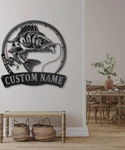 Perch Fish Pole Metal Art Personalized Metal Name Sign Fishing Signs Decor for Room