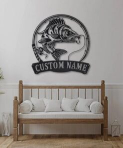 Perch Fish Pole Metal Art Personalized Metal Name Sign Fishing Signs Decor for Room