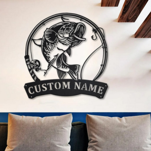 Largemouth Bass Fish Metal Art Personalized Metal Name Sign Decor Home Fishing Gift for Fisherman