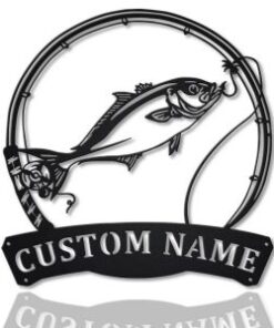 Amberjack Fish Fishing Pole Metal Art Personalized Metal Name Sign Decor Home Gift for Fisherman