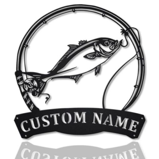 Amberjack Fish Fishing Pole Metal Art Personalized Metal Name Sign Decor Home Gift for Fisherman