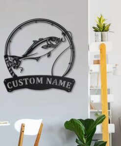 Amberjack Fish Fishing Pole Metal Art Personalized Metal Name Sign Decor Home Gift for Fisherman