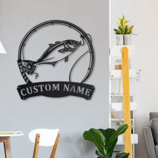 Amberjack Fish Fishing Pole Metal Art Personalized Metal Name Sign Decor Home Gift for Fisherman